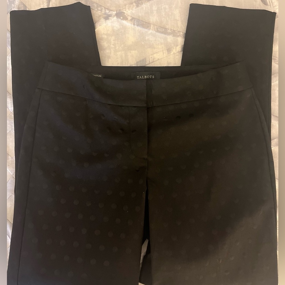 Talbots size 4 black trousers, back pockets, polka dot black print.  Holiday!